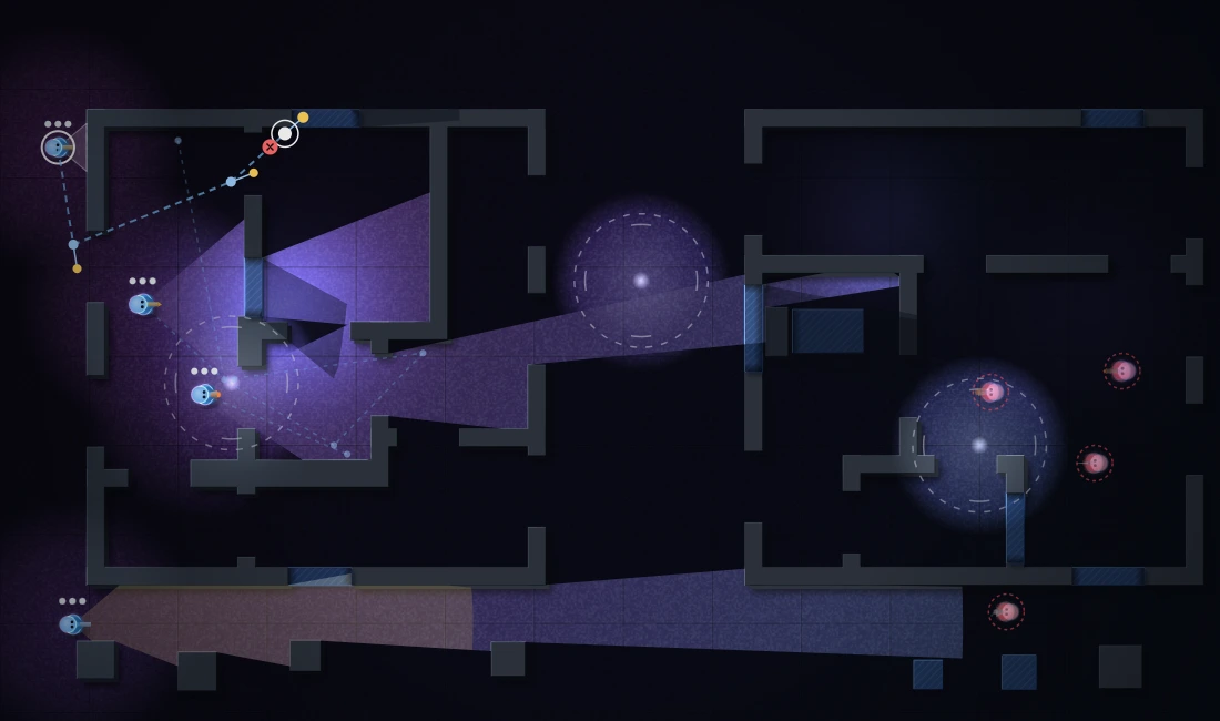 In-game planning view: dashed waypoint paths and vision cones drawn for a squad, enemy side hidden by fog of war.